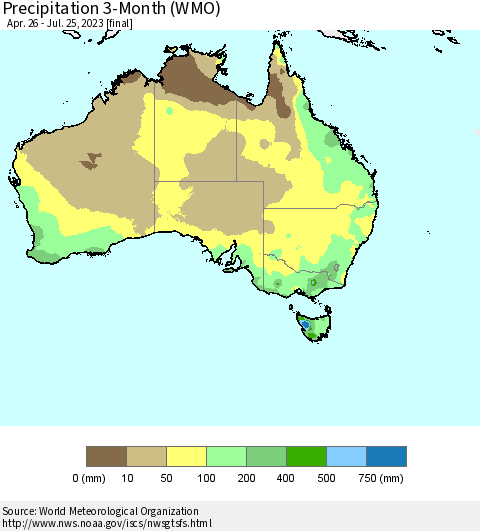 Australia Precipitation 3-Month (WMO) Thematic Map For 4/26/2023 - 7/25/2023