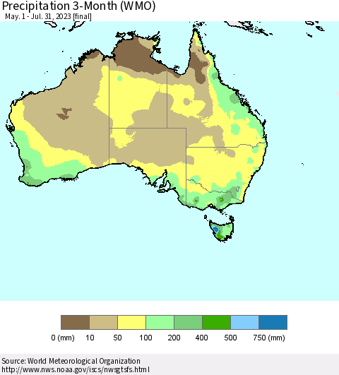 Australia Precipitation 3-Month (WMO) Thematic Map For 5/1/2023 - 7/31/2023