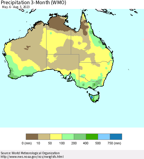Australia Precipitation 3-Month (WMO) Thematic Map For 5/6/2023 - 8/5/2023