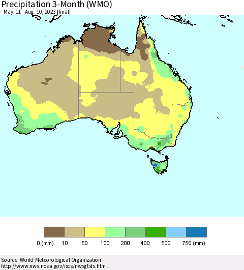 Australia Precipitation 3-Month (WMO) Thematic Map For 5/11/2023 - 8/10/2023