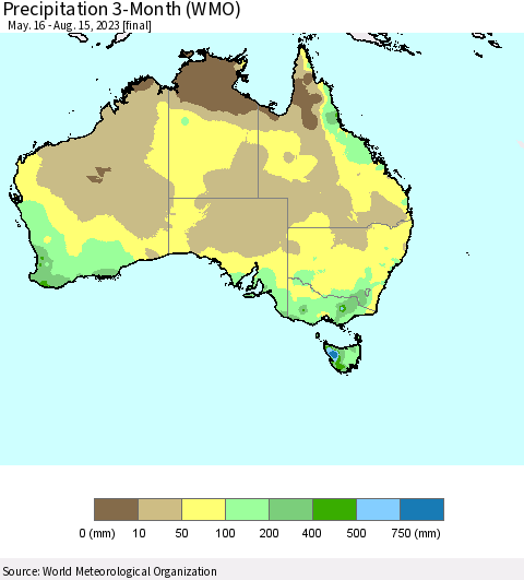 Australia Precipitation 3-Month (WMO) Thematic Map For 5/16/2023 - 8/15/2023