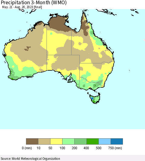 Australia Precipitation 3-Month (WMO) Thematic Map For 5/21/2023 - 8/20/2023