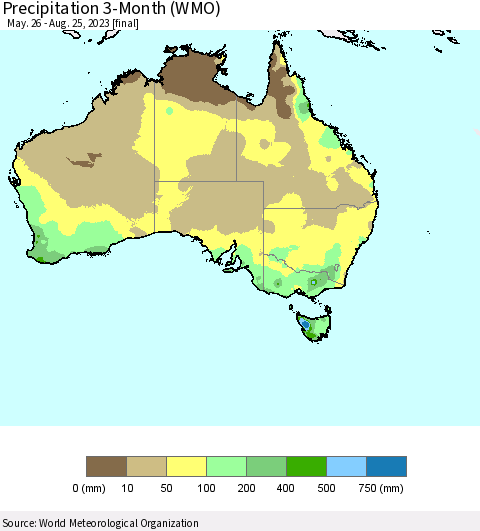Australia Precipitation 3-Month (WMO) Thematic Map For 5/26/2023 - 8/25/2023