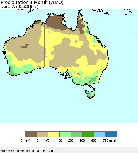 Australia Precipitation 3-Month (WMO) Thematic Map For 6/1/2023 - 8/31/2023