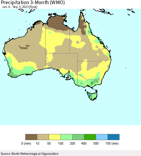 Australia Precipitation 3-Month (WMO) Thematic Map For 6/6/2023 - 9/5/2023