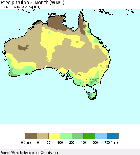 Australia Precipitation 3-Month (WMO) Thematic Map For 6/11/2023 - 9/10/2023