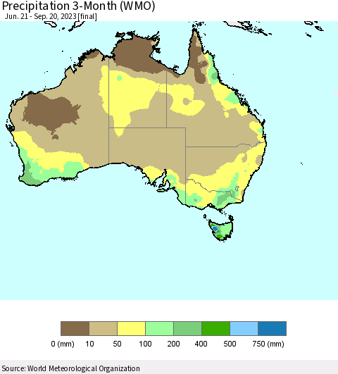 Australia Precipitation 3-Month (WMO) Thematic Map For 6/21/2023 - 9/20/2023