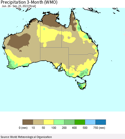 Australia Precipitation 3-Month (WMO) Thematic Map For 6/26/2023 - 9/25/2023