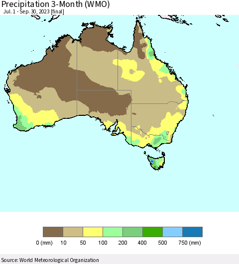 Australia Precipitation 3-Month (WMO) Thematic Map For 7/1/2023 - 9/30/2023
