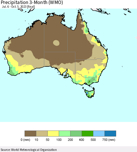 Australia Precipitation 3-Month (WMO) Thematic Map For 7/6/2023 - 10/5/2023