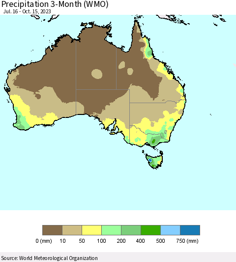 Australia Precipitation 3-Month (WMO) Thematic Map For 7/16/2023 - 10/15/2023