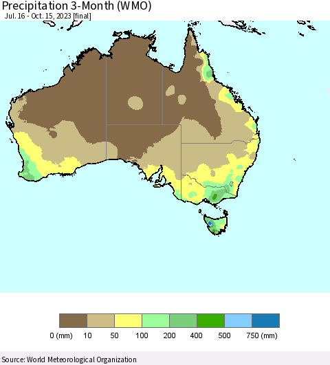 Australia Precipitation 3-Month (WMO) Thematic Map For 7/16/2023 - 10/15/2023