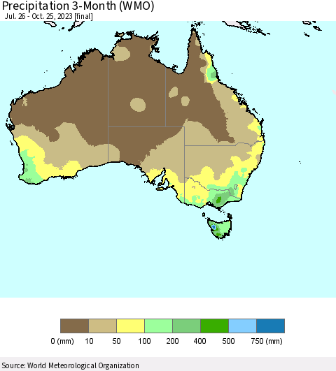 Australia Precipitation 3-Month (WMO) Thematic Map For 7/26/2023 - 10/25/2023