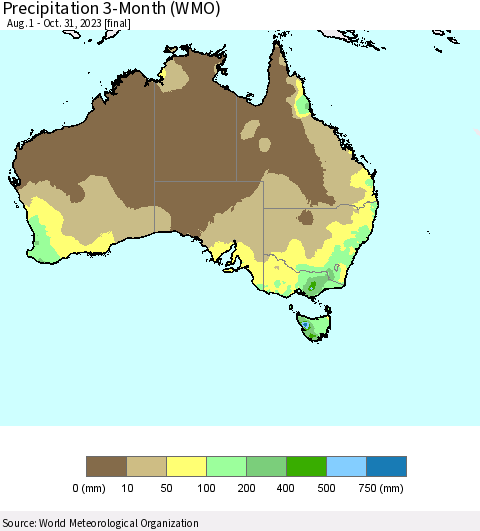 Australia Precipitation 3-Month (WMO) Thematic Map For 8/1/2023 - 10/31/2023
