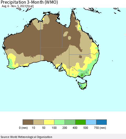 Australia Precipitation 3-Month (WMO) Thematic Map For 8/6/2023 - 11/5/2023