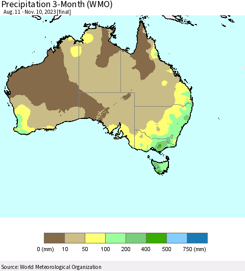 Australia Precipitation 3-Month (WMO) Thematic Map For 8/11/2023 - 11/10/2023