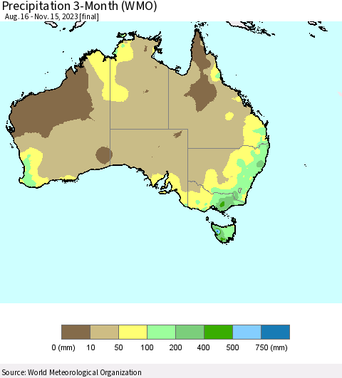 Australia Precipitation 3-Month (WMO) Thematic Map For 8/16/2023 - 11/15/2023