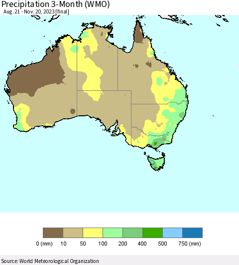 Australia Precipitation 3-Month (WMO) Thematic Map For 8/21/2023 - 11/20/2023