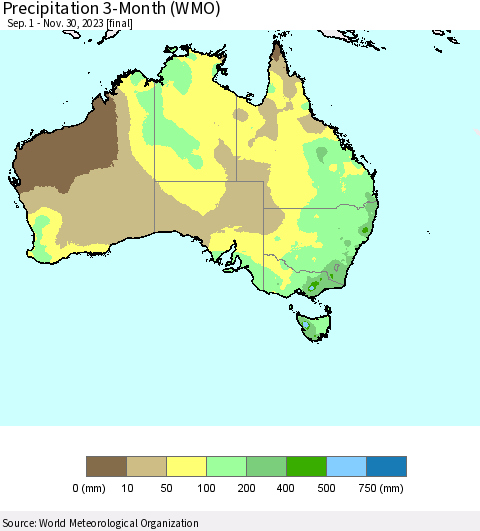 Australia Precipitation 3-Month (WMO) Thematic Map For 9/1/2023 - 11/30/2023