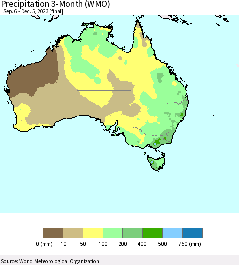 Australia Precipitation 3-Month (WMO) Thematic Map For 9/6/2023 - 12/5/2023