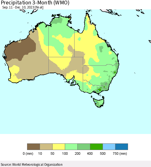 Australia Precipitation 3-Month (WMO) Thematic Map For 9/11/2023 - 12/10/2023