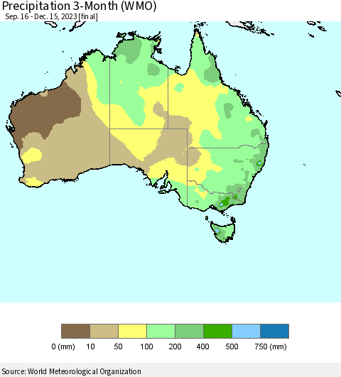 Australia Precipitation 3-Month (WMO) Thematic Map For 9/16/2023 - 12/15/2023