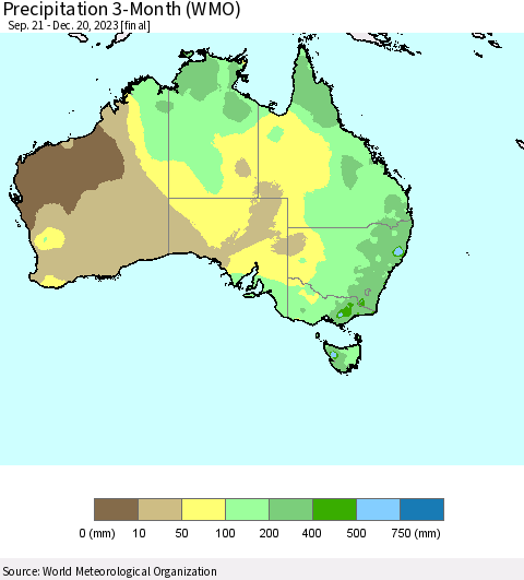 Australia Precipitation 3-Month (WMO) Thematic Map For 9/21/2023 - 12/20/2023