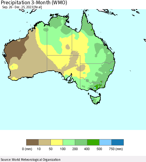 Australia Precipitation 3-Month (WMO) Thematic Map For 9/26/2023 - 12/25/2023