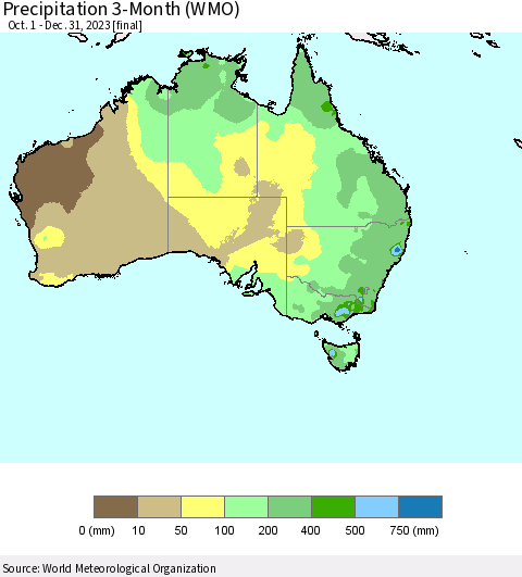 Australia Precipitation 3-Month (WMO) Thematic Map For 10/1/2023 - 12/31/2023