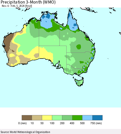 Australia Precipitation 3-Month (WMO) Thematic Map For 11/6/2023 - 2/5/2024