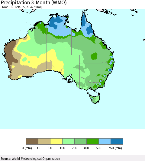 Australia Precipitation 3-Month (WMO) Thematic Map For 11/16/2023 - 2/15/2024