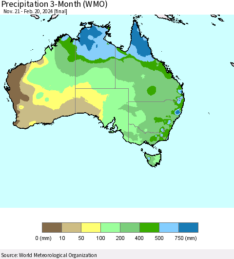 Australia Precipitation 3-Month (WMO) Thematic Map For 11/21/2023 - 2/20/2024
