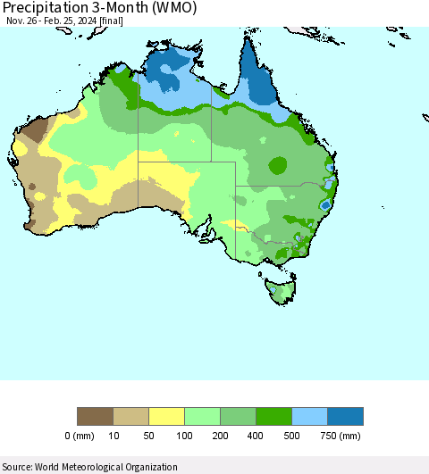 Australia Precipitation 3-Month (WMO) Thematic Map For 11/26/2023 - 2/25/2024