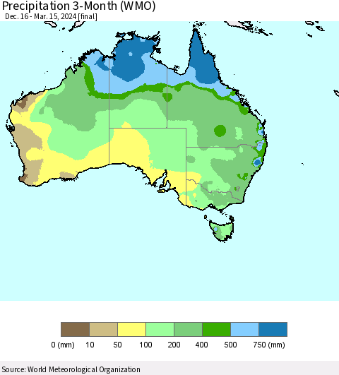 Australia Precipitation 3-Month (WMO) Thematic Map For 12/16/2023 - 3/15/2024