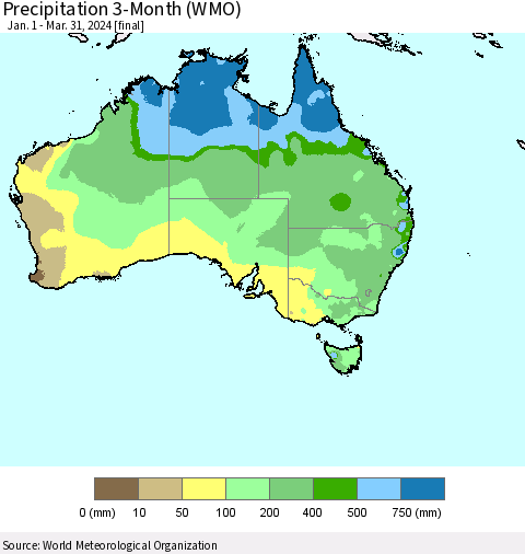 Australia Precipitation 3-Month (WMO) Thematic Map For 1/1/2024 - 3/31/2024