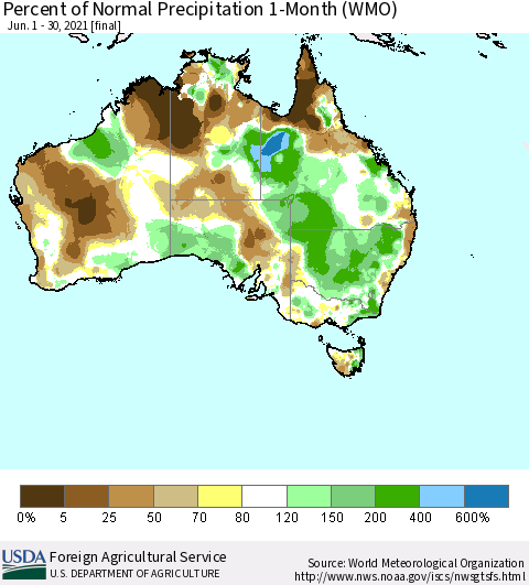 Australia Percent of Normal Precipitation 1-Month (WMO) Thematic Map For 6/1/2021 - 6/30/2021