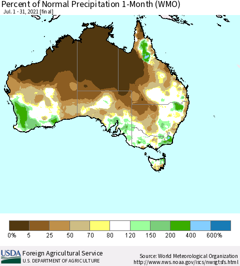 Australia Percent of Normal Precipitation 1-Month (WMO) Thematic Map For 7/1/2021 - 7/31/2021