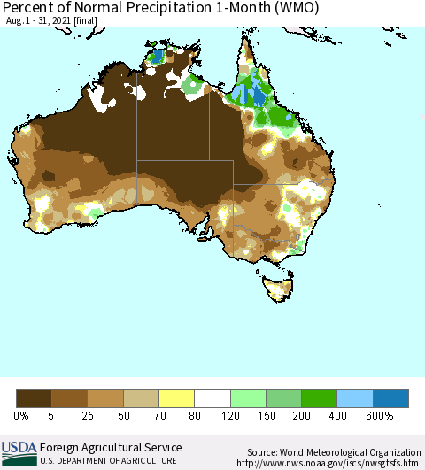 Australia Percent of Normal Precipitation 1-Month (WMO) Thematic Map For 8/1/2021 - 8/31/2021