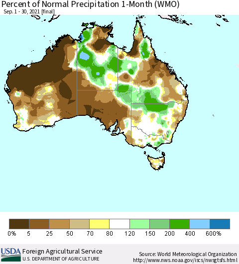 Australia Percent of Normal Precipitation 1-Month (WMO) Thematic Map For 9/1/2021 - 9/30/2021