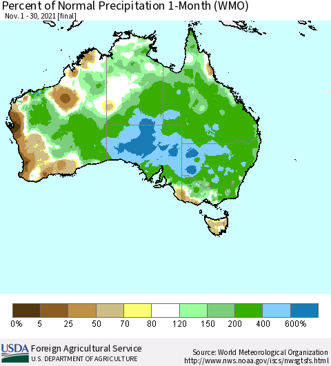 Australia Percent of Normal Precipitation 1-Month (WMO) Thematic Map For 11/1/2021 - 11/30/2021