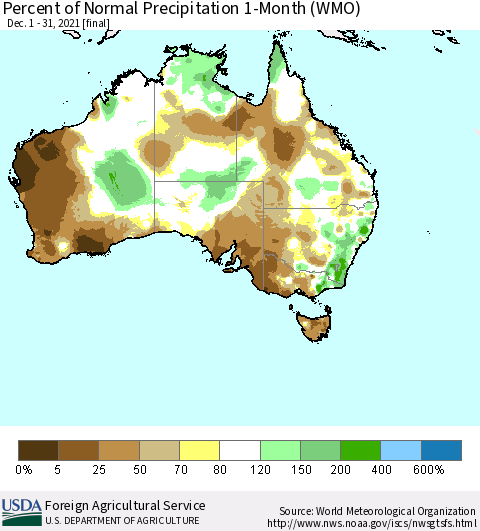 Australia Percent of Normal Precipitation 1-Month (WMO) Thematic Map For 12/1/2021 - 12/31/2021