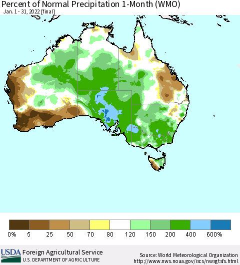 Australia Percent of Normal Precipitation 1-Month (WMO) Thematic Map For 1/1/2022 - 1/31/2022