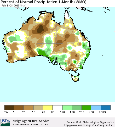 Australia Percent of Normal Precipitation 1-Month (WMO) Thematic Map For 2/1/2022 - 2/28/2022