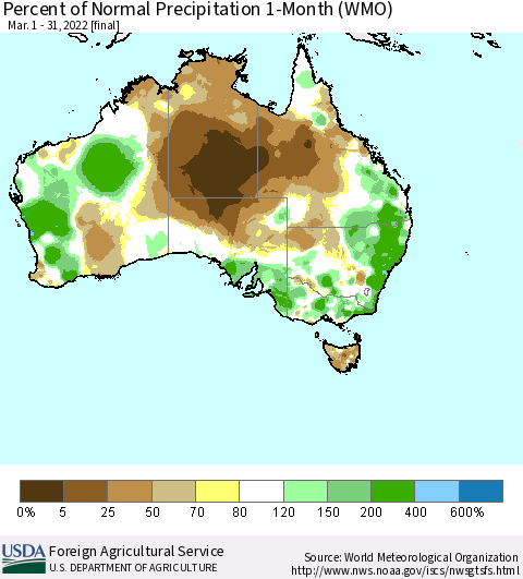 Australia Percent of Normal Precipitation 1-Month (WMO) Thematic Map For 3/1/2022 - 3/31/2022