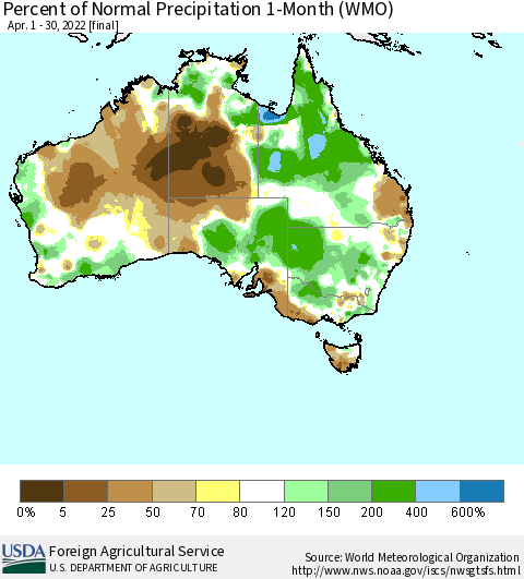 Australia Percent of Normal Precipitation 1-Month (WMO) Thematic Map For 4/1/2022 - 4/30/2022