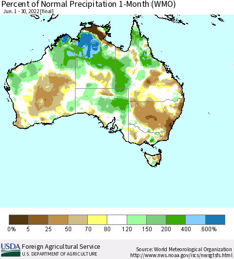 Australia Percent of Normal Precipitation 1-Month (WMO) Thematic Map For 6/1/2022 - 6/30/2022