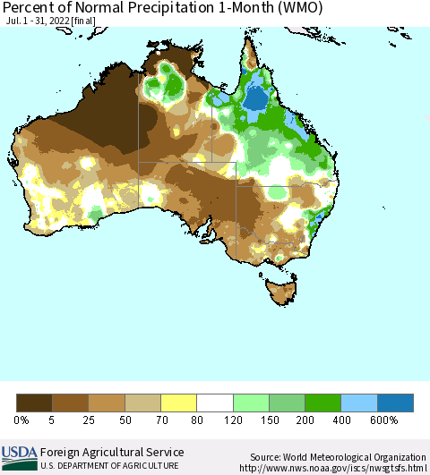 Australia Percent of Normal Precipitation 1-Month (WMO) Thematic Map For 7/1/2022 - 7/31/2022