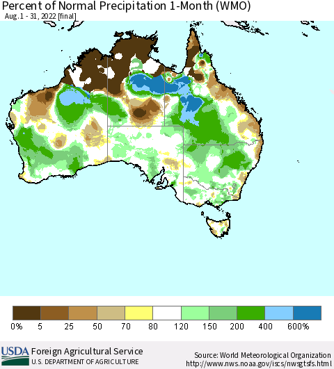 Australia Percent of Normal Precipitation 1-Month (WMO) Thematic Map For 8/1/2022 - 8/31/2022