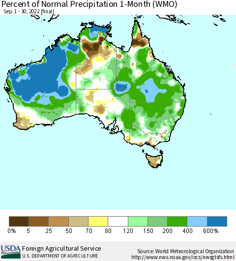 Australia Percent of Normal Precipitation 1-Month (WMO) Thematic Map For 9/1/2022 - 9/30/2022