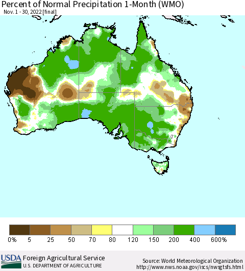 Australia Percent of Normal Precipitation 1-Month (WMO) Thematic Map For 11/1/2022 - 11/30/2022